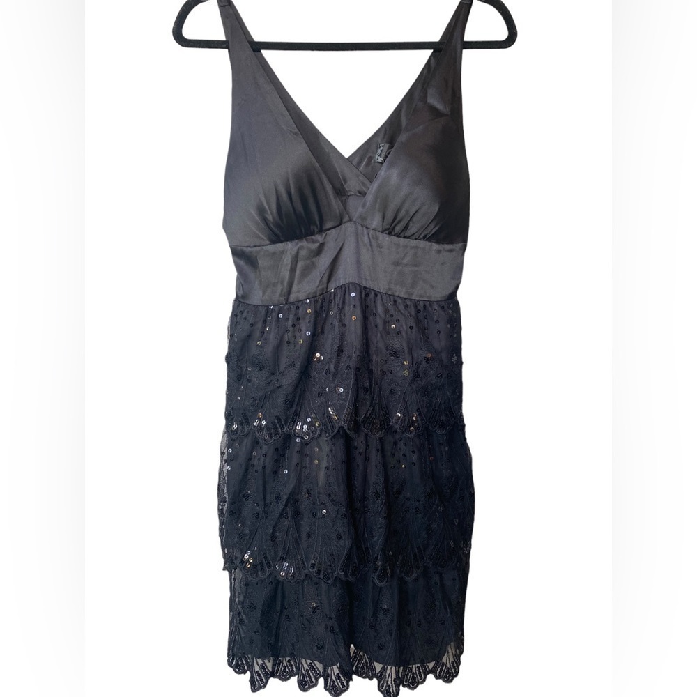 Guess Sequin Satin Ruffle Black Mini Cocktail Party Dress